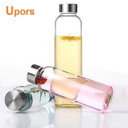 Upors Brand 550ml Sport Style Glass Water Bottle Portable Bicycle Tour Solid Transparent Office Bottle 201105