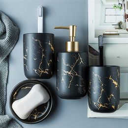 Nordic Bathroom Accessories Set Marble Texture Toothbrush Cup Four Pieces Sets with Two Rinse Cup Soap Dish and Lotion Dispenser LJ201204