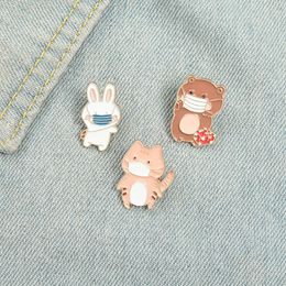 Funny Cute Epidemic Prevention Masks Animals Enamel Pins Cartoon Colors Bear Cats Rabbits Brooches For Kids Gifts Lapel Pins Clothes Bags