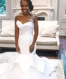 African One-Shoulder Wedding Dresses 2020 Mermaid Beaded Lace Up Plus Size Bridal Gowns Satin Bride Dress Robe De Mariee