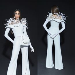 Newest Jumpsuit Evening Fashion Feather Ruched Satin Party Long Sleeves Formal Prom Dresses Custom Made Robe De Soire