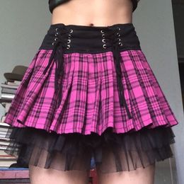 Checkered Harajuku Punk Black Lace Pleated Skirt Women Summer Tie Up Y2K High Waisted Mini Skirts Ladies Streetwear Y1214