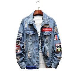 2 Colours Haruku Patchwork Frayed Rock Vintage Black Blue Denim Jacket Men Punk Sudadera Hole Streetwear Hip Hop Ruched Washed