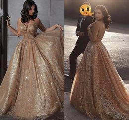 Champagne Gold 2021 Prom Dresses A Line Glitter Princess Formal Evening Gowns Spaghetti Straps Sequins Long Backless robes de soirée AL8309