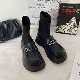 Dress Shoes Women Sock Boots for Autumn Flat Black Pu British Style Metal Chain Fashion 2 9