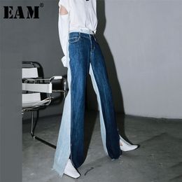 [EAM] Blue Contrast Color Split Joint Long Wide Leg Jeans New High Waist Loose Women Trousers Fashion Spring Autumn 2021 1T276 210203