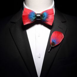 Ricnais New Original Feather Bow Tie Brooch Set White Bule Colorful Handmade Exquisite Bowtie For Men Wedding Ties Gift with Box 2221A
