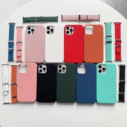 2in1 set full grain leather luxury cell phone cases for iphone 13 pro max phone case sets strap band fit watch 7 6 5