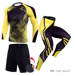 3 piece track suit Men Running sports suit MMA Compression sportswear rash guard male Bodybuilding T-shirt pants Man Training Y1221