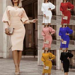 knitting dress womens vintage lantern sleeve slim solid Colour sheath autumn casual party elegant pullover knitting dress 121609