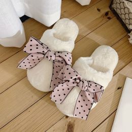 Cute Bow Furry Slippers For Women Faux Fur Slippers At Home White Winter House Slippers Woman Soft Fluffy Slides For Women Girls Y201026