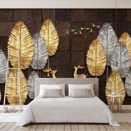 Custom 3D Photo Wallpaper Modern Wood Grain Golden Tree Leaves Elk Bird Large Mural Bedroom Living Room Decoration Wall Painting