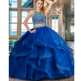 Fantastic Scoop High Collar Beaded Waistline Ruffles With Horsehair Royal Blue Organza Quinceanera Dress Gown Vestido Anos Sweep Train