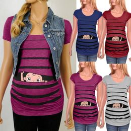 MUQGEW Maternity Clothes T-shirts For Women Maternity Cute Funny Baby Print Striped Short Sleeve T-shirt Pregnant Tops Premama LJ201118