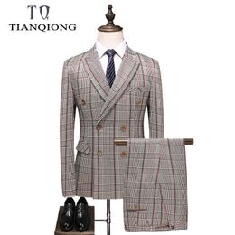 TIAN QIONG Plaid Suit for Men Slim Fit Mens Double Breasted Suits Groom Wedding Tuxedo 3 Pieces Prom Party Suit Male 201105