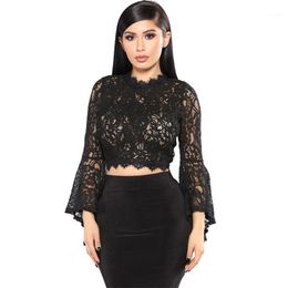 Women's Blouses & Shirts 2021 Sexy Hollow Out Crop Top Women Embroidery Black Floral Lace Long Flare Sleeve Ladies Shirt Clubwear Blusas1
