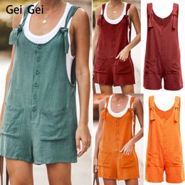 2020 New Summer Cotton Linen Jumpsuit Women Casual Loose Lace Pocket Lace Up Bib Shorts Student U-Neck Jumpsuit Overalls T200701