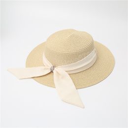 Summer Women Flat Top Straw Hat with Ribbon Bowknot Sun Hat Ladies Beach Cap Large Brimmed Hat Sunscreen