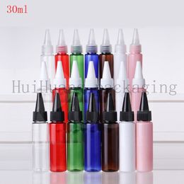 30ml empty white plastic bottle,Pet bottle with 7Colors Twist Top Caps,pointed mouth top cap 100Pcs/Lot