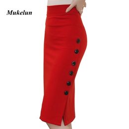 Plus Size Fashion Women Work Midi Skirt OL Sexy Open Slit Button Slim Pencil Skirt Elegant Office Ladies Skirts Red Black T200106