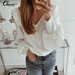 Autumn Women Shirts Blouses 2019 Celmia Sexy V Neck Long Sleeve Casual Solid Ruffled Tunic Top Button Plus Size Blusas Femininas T200321