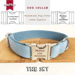 MUTTCO retailing self-design engraved pet name THE SKY handmade 5 Sizes dog collar and leash LJ201111
