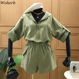 Woherb Rompers Womens Jumpsuit New Arrival Korean Clothes Casual Slim Waist Bodysuit Wide Leg Short Pants Playsuit Streetwear T200704