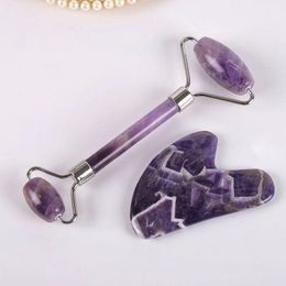 Heart Shaped Facial Massage Jade Roller Set Natural Amethyst Face Roller Gua Sha Scraper Crystal Massager Beauty Anti Wrinkle Skin Care Tools