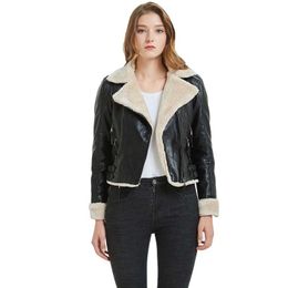 Fall Winter Cropped Sherpa Faux Leather Biker Jacket for Women Faux Fur Lined Punk Rock Ladies Black PU Leather Jacket 201030