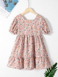Toddler Girls Ditsy Floral Puff Sleeve Ruffle Hem Dress SHE01