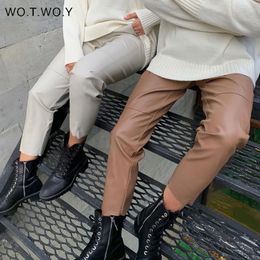 WOTWOY High Waist Spliced Loose Leather Pants Women Autumn Solid Drawstring PU Leather Trousers Women Straight Pants Female 201031
