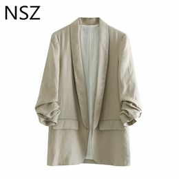 NSZ Women Cotton Linen Slim Blazer Feminino None Button Office Lady Suits Jacket Work Coat Female Outerwear Korea LJ200911