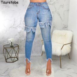 Tsuretobe Tassel Jeans For Women Patchwork Jeans Skinny High Waist Jeans Denim Pencil Pants Summer Clothes For Women Trousers 201030