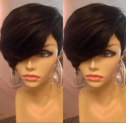 Short Bob Wig with Bangs Pixie Cut Brazilian Human Hair Wigs Remy None Lace Front Red Brown Wigs for Women