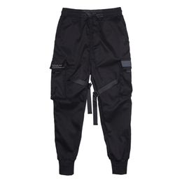Men Cargo Pants Black Streetwear Ribbons Block Multi Pocket Harem Joggers Harajuku Sweatpant Hip Hop Casual Male Trousers 201113