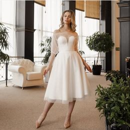 Simple Short A Line Wedding Dresses Bridal Gowns 2023 1/2 Long Sleeve Tea Length Outdoor Boho Beach Bride Dress Robe De Marie