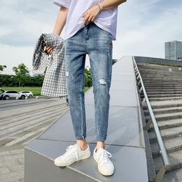 Men's Jeans Denim 2022 Autumn Brand Stretch Slim Korean Style Ankle Length Pants Holes Casual Light-colored Feet Pencil