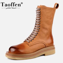 Taoffen Women Short Boots Real Leather Thick Bottom Women Winter Shoes Fashion Cool Mid Calf Boots Ladies Footwear Size 34-391