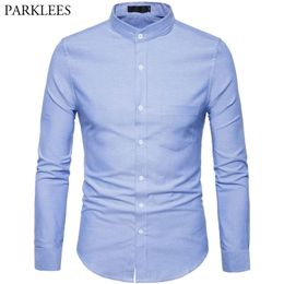 Oxford Cotton Shirt Men Spring Casual Slim Fit Stand Collar Mens Dress Shirts Long Sleeve Solid Chemise Homme Army Green 201120