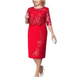 Elegant Lace Plus Size Evening Dress Scoop Neck Half Sleeve Wedding Guest Party Gowns Short Mother Of The Bride Dresses LJ201123