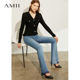AMII Minimalism Summer Autumn Fashion Spliced Flare Women jeans Causal Cotton High Waist Ankel-length Female Jeans 12030139 201029