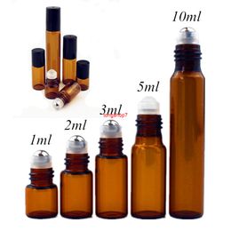50pcs/lot 1ml 2ml 3ml 5ml 10m Amber Glass Roll on Bottle with Glass/Metal Ball Brown Thin Roller Essential Oil Vialsshipping