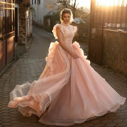 Graceful A Line Lace Prom Dresses Feather Short Sleeves High Neck Side Split Evening Gowns Ruffles Sweep Train Tulle Formal Dress