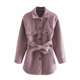 Merodi Autumn Chic Ladies Za Woollen Purple Long Shirt Jackets With Belt Women Fashion Turn-Down Collar Thick Warm Outwear Coats 201026