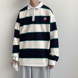 Men's Stripe Printing Pullover Lapel Collar Loose Student Coat Sweatshirt Cotton Casual Clothes Hoodies Big Size M-5XL 201020