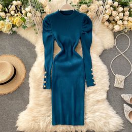 YuooMuoo Elegant Puff Sleeve Women Sweater Dress 2020 Autumn Winter Slim Stretch Bodycon Knitted Dress Ladies Office Dresses Y0118