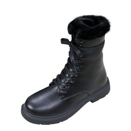 Designer-Fashion Plus Velvet Snow Boots Woman Shoes Winter Ankle Sewing Lace Up Motorcycle Boot Cool Short-plush Black Shoe