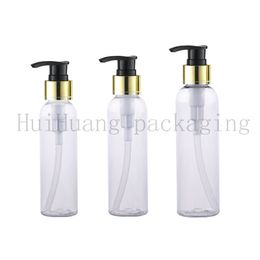 50pcs 120/150/200ml clear empty cosmetic bottle with gold aluminum lotion pump shampoo dispenser container,cosmetic packaging