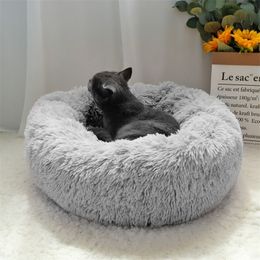 Fluffy Calming Dog Bed Long Plush Donut Pet Bed Hondenmand Round Orthopedic Lounger Sleeping Bag Kennel Cat Puppy Sofa Bed House 201125