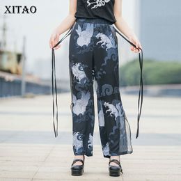 XITAO Chinese Style Vintage Pants Women Personalized Printed Split Chiffon Wide-leg Pants Fashion Trend Summer Clothes GCC3550 T200422